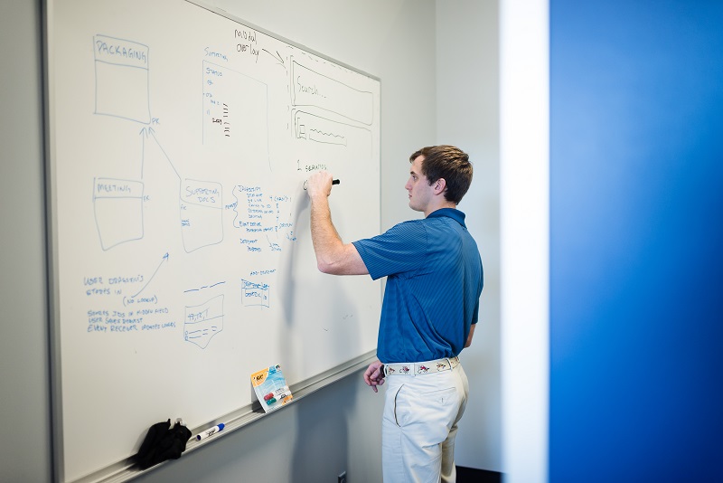 Man writing plan for software integration on whiteboard