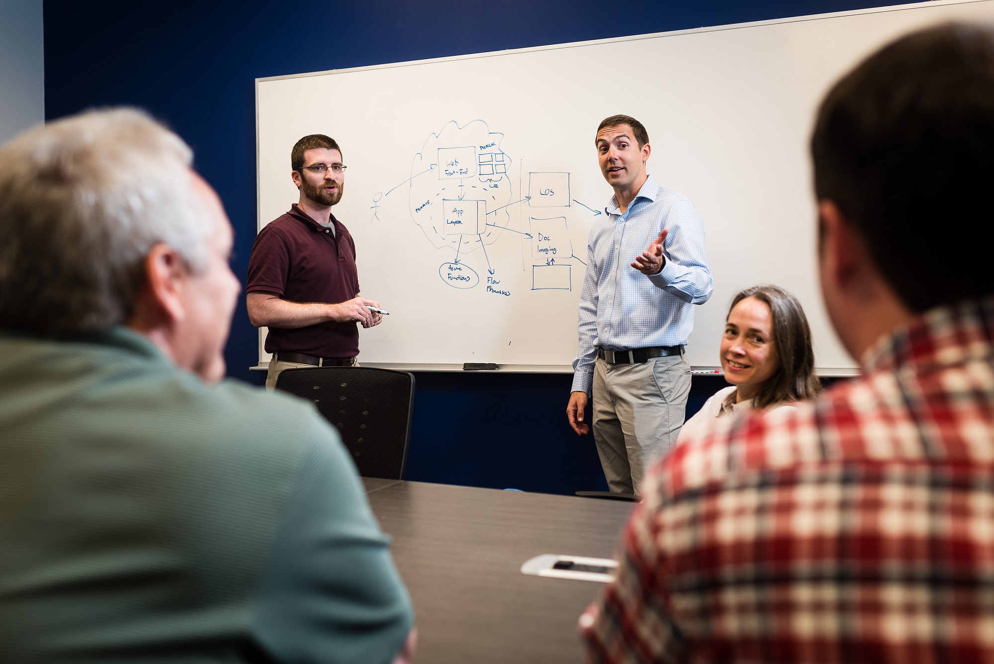 two men and a woman presenting work on a whiteboard