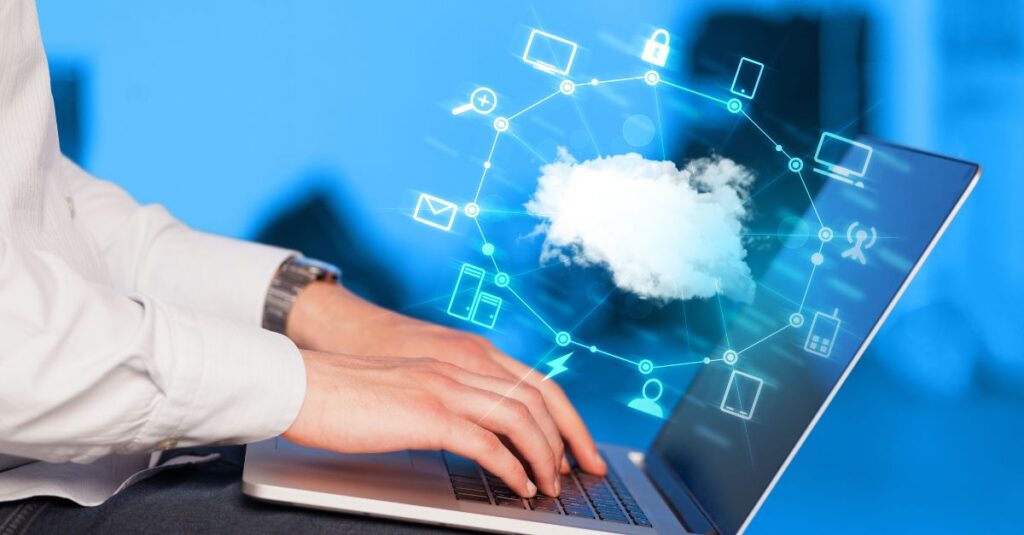 Copilot in Business Central visualized through a professional using a laptop with cloud-based Microsoft AI icons, representing secure data integration, automation, and intelligent ERP workflows.